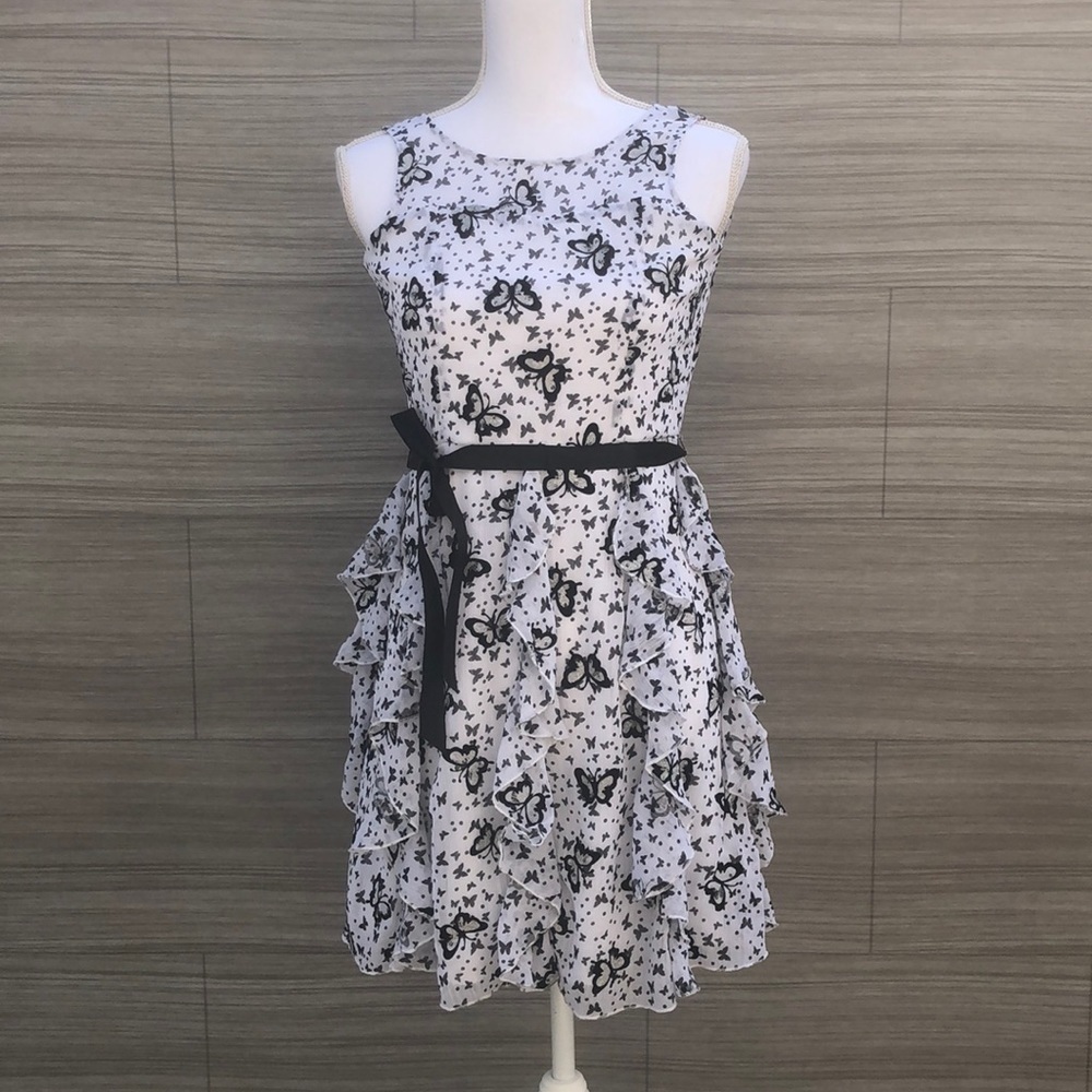 Speechless Butterfly Print Ruffle Tiered Dress Size 14 Black White Glitter Party